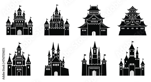 A collection of ornate black silhouette castles and traditional japanese buildings