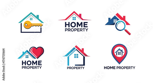 Real estate icons depicting homes keys and property search concepts
