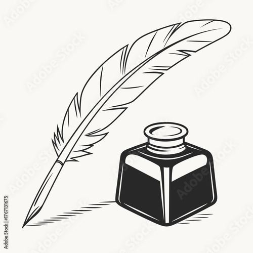 Feather Quill Pen and Inkwell on White Background vector illustration