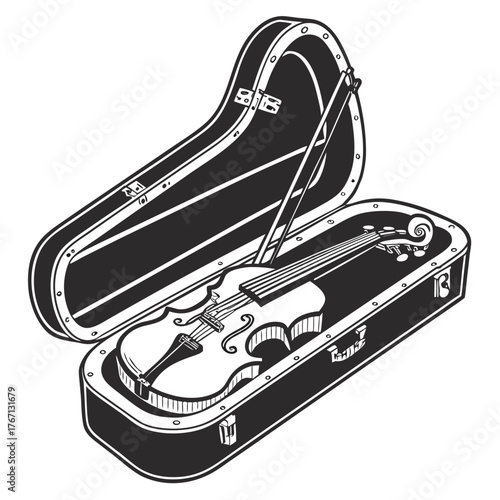 Open Violin Case with Violin and Bow Inside Black and White Illustration musical instrument