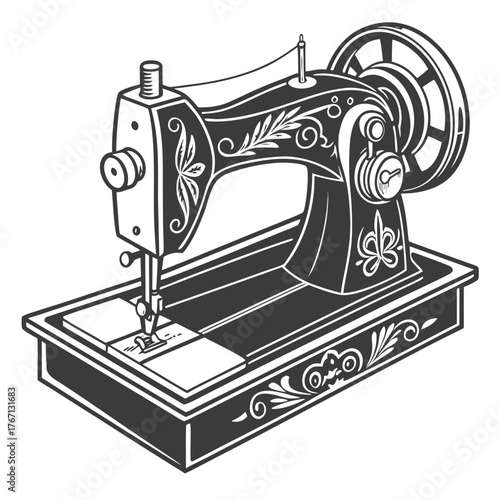 Ornate vintage sewing machine on a wooden base in black and white antique retro