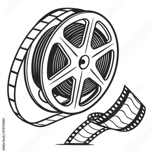 Retro Film Reel with Looping Film Strip on White Background Keywords: film reel, movie, cinema