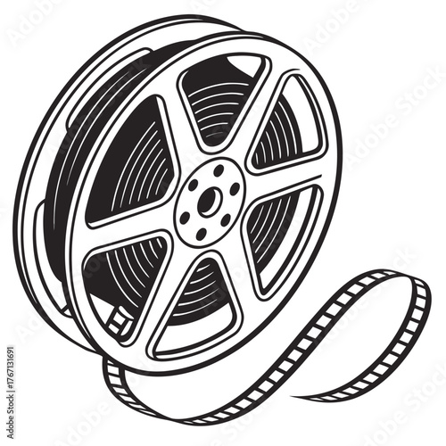 Vintage Film Reel with Unspooling Strip on White Background Keywords: film reel, movie, cinema