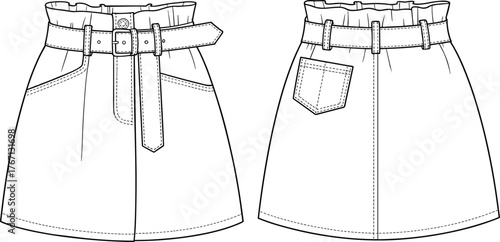 High waist paper bag skirt technical sketch, fashion flat vector, front and back view, cad drawing flat vector illustrationHigh waist paper bag skirt technical sketch, 