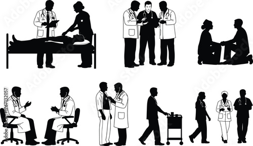 Medical silhouette vector of healthcare professionals and patients in hospital scenes, clinical consultation, treatment, teamwork, and therapeutic interaction illustration