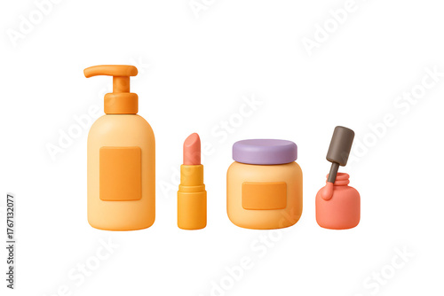 Stylized illustration of various personal care and makeup items. All set against transparent background.