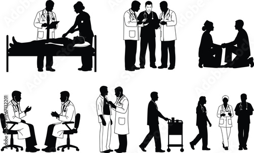 Medical silhouettes showing patient consultation, diagnosis, teamwork, stethoscope use, hospital care, healthcare professionals, and clinical interaction in hospital settings.