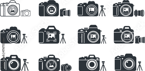 Black and white camera icons, photography equipment symbols, digital camera vector set, retro camera illustration, photo device collection, tripod, lens