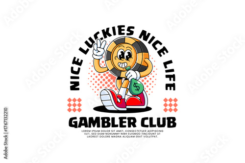 Casino chip retro cartoon character illustration holding money bag and peace hand for casino and gambling. Poker chip with money sack cartoon mascot for gaming. Cute gambler token vector character