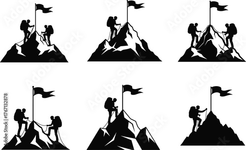 Mountain climbers reaching summit with flag, teamwork, success, adventure, silhouette illustration for motivation, achievement, outdoor challenge, hiking, perseverance