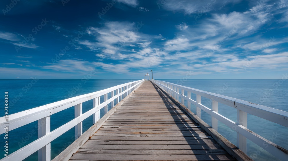 Fototapeta premium Long wooden pier stretches out over deep blue ocean toward the distant horizon under a bright, cloudy sky