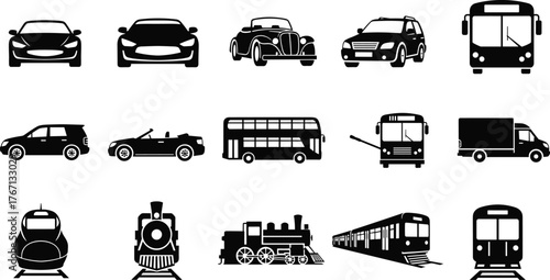 Car icons, bus symbols, train silhouettes, transportation vector set, public transit illustration, vehicle collection, travel concept, urban mobility design