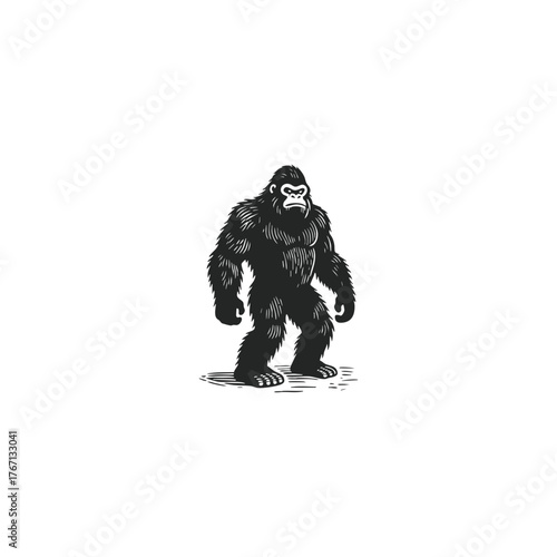 Powerful black and white gorilla illustration in vintage woodcut style, depicting a strong primate standing with an intense expression