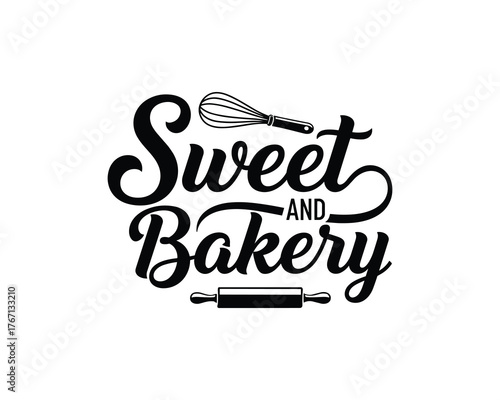Sweet Bakery logo design for pastry shop. Baking whisk and rolling pin illustration