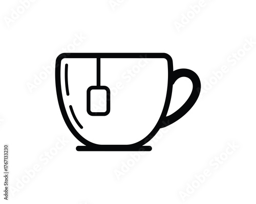Tea cup icon with tea bag, simple black outline design for beverage related content
