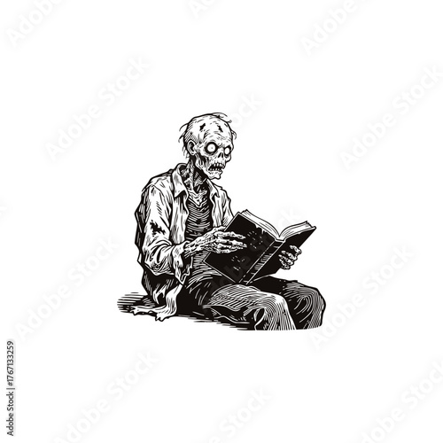 Eerie monochrome illustration of an undead zombie or skeleton figure sitting and deeply engrossed in reading a book