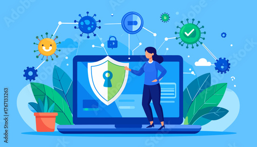 Digital Security and Antivirus Protection Concept: a person Protecting Laptop from Online Threats and Viruses