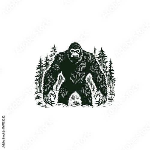 vector illustration of a massive Bigfoot or Sasquatch standing in a dense, stylized forest setting
