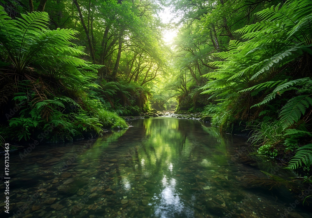 Obraz premium Serene flowing stream amidst lush green forest canopy paradise landscape