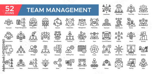 Team Management collection set. Stekeholder, Supervised ,Team Management, Project Management, Communication, Statistics , Schedul, Partnership, icon. Simple Outline vector illustrati