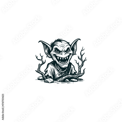 illustration of an evil goblin or gremlin emerging from the ground, featuring a wide sharp-toothed grin and large ears
