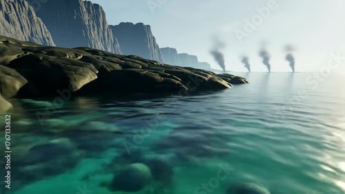 A coastal landscape with rocky terrain leading to a tranquil turquoise ocean; smoke in the distance
