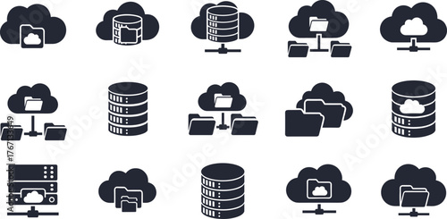 Cloud computing icons, data storage symbols, server database illustration, digital file sharing, network technology, cloud infrastructure, online storage, IT solutions, connectivity, innovation