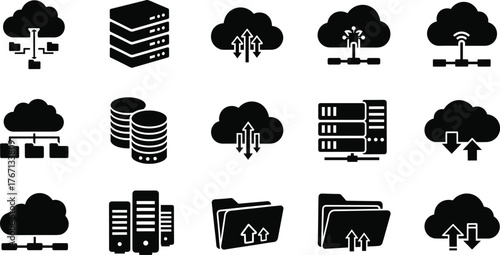 Cloud computing icons, data storage, server infrastructure, upload download, file sharing, database, synchronization, technology, digital network, wireless connectivity, internet