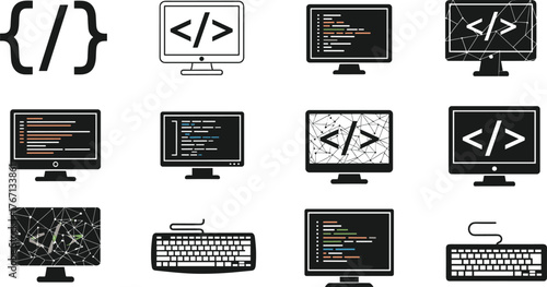 Coding icons set, computer monitor with code, HTML tag, keyboard, programming symbols, software development, digital technology, web design, IT illustration
