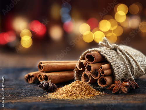 Rustic cinnamon sticks and dried oranges on wooden background in cozy traditional holiday kitchen atmosphere