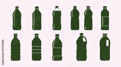 Set of PET bottle silhouette icons. A simple hand-drawn illustration of a plastic container for water, liquids, and oil. Black vector pictogram isolated on a white background.