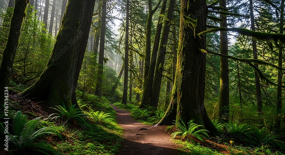 Obraz premium Lush Forest Trail - Sunlight Filtering Through Towering Trees.