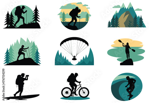 Set of outdoor adventure icons featuring hiking paragliding surfing and cycling vector illustration for travel and recreation concepts