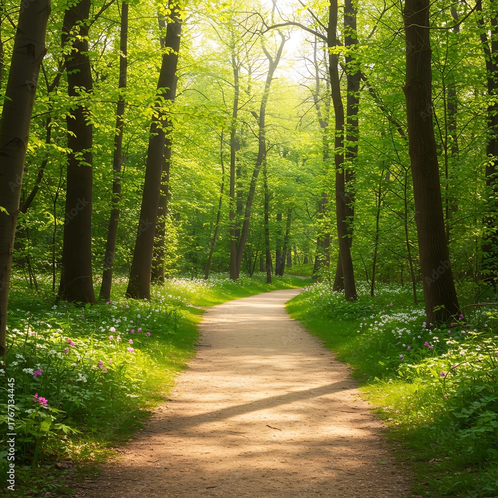 Obraz premium Sunlit Forest Path Bathed in Golden Light.