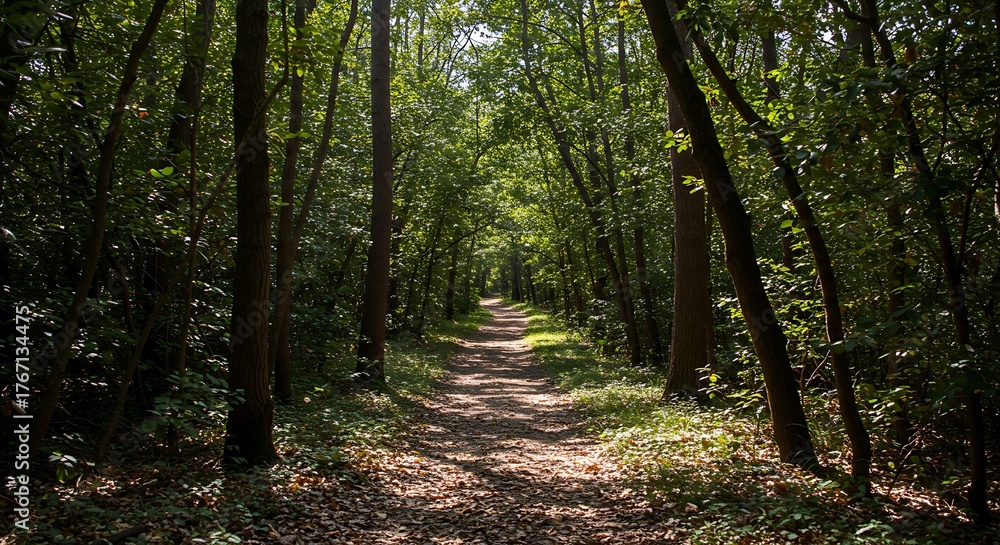 Fototapeta premium Sunlit Hiking Trail Winding Through a Lush Green Forest.
