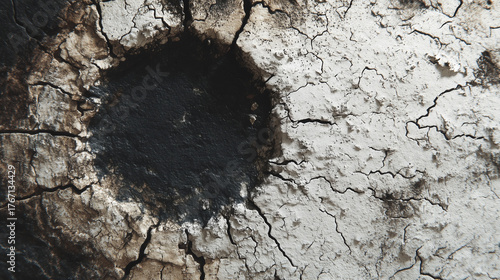 Macro texture of a scorched and cracked surface, showing detailed contrast between black charring and white cracked areas