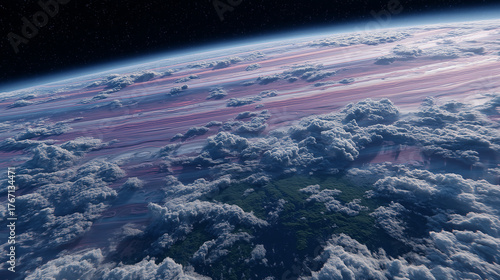 Alien planet surface seen from orbit with dense clouds, vibrant striped atmosphere, and stars in deep space background.
