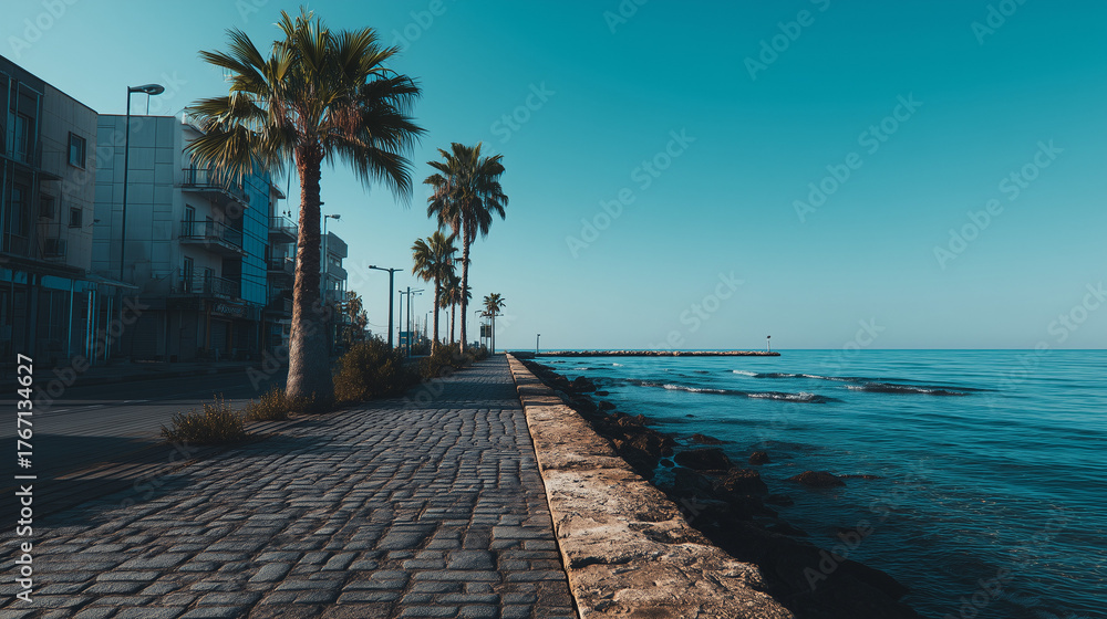 Fototapeta premium Deserted seaside promenade with palm trees, stone pavement, and calm blue sea under clear morning sky.
