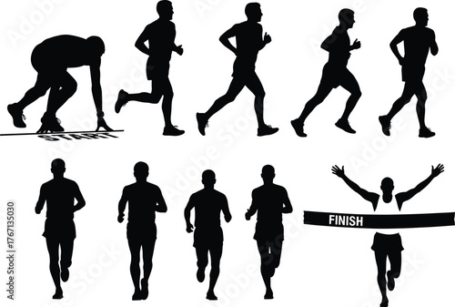 Runner silhouette vector showing race progression from start to finish line, athletic motion, victory pose, sports competition, sprint illustration set
