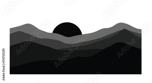 Minimalist monochrome mountain range with a dark circular sun or moon