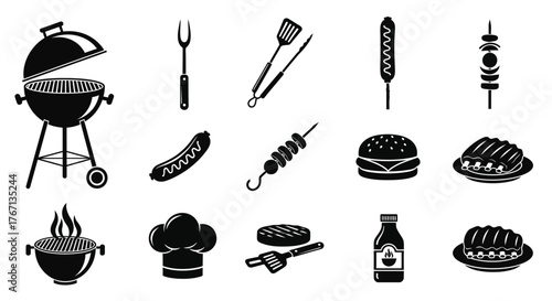 Barbecue tools and food items in a simple black and white illustration