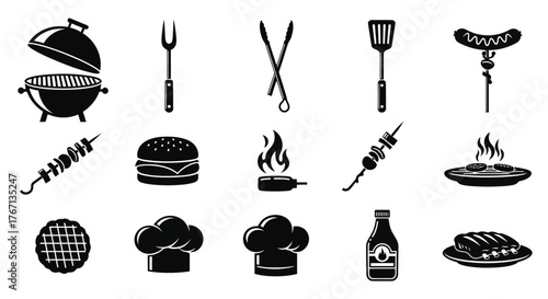 Black and white icons representing a barbecue and grilled food items
