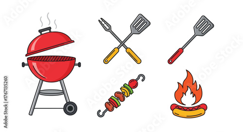 Barbecue tools grilled food and a red grill represent summer cooking