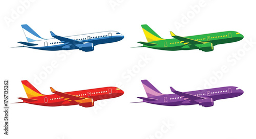 Colorful paper airplanes in blue green red and purple are shown