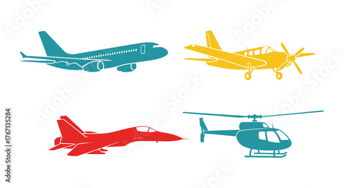 Colorful silhouettes of various aircraft including planes and a helicopter