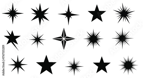 Collection of various black starbursts and star shaped design elements