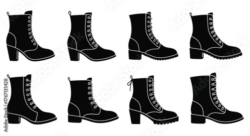 Black and white illustration depicting different styles of lace up boots