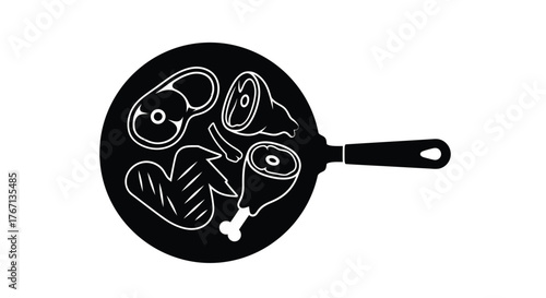 Black and white illustration of a frying pan with cooked meat inside