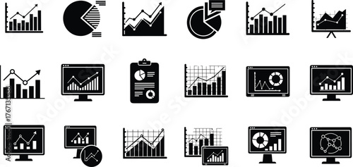 Data analysis icons, business intelligence symbols, statistics charts, digital dashboard graphics, financial report visuals, analytics tools, performance metrics, visualization elements