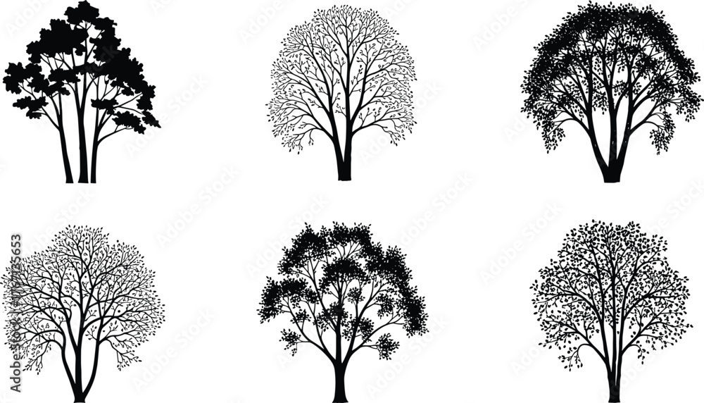 Obraz premium Stylized tree silhouette vector set, black illustration, diverse branching and canopy patterns, botanical forest design, abstract foliage artwork, minimal nature concept elements